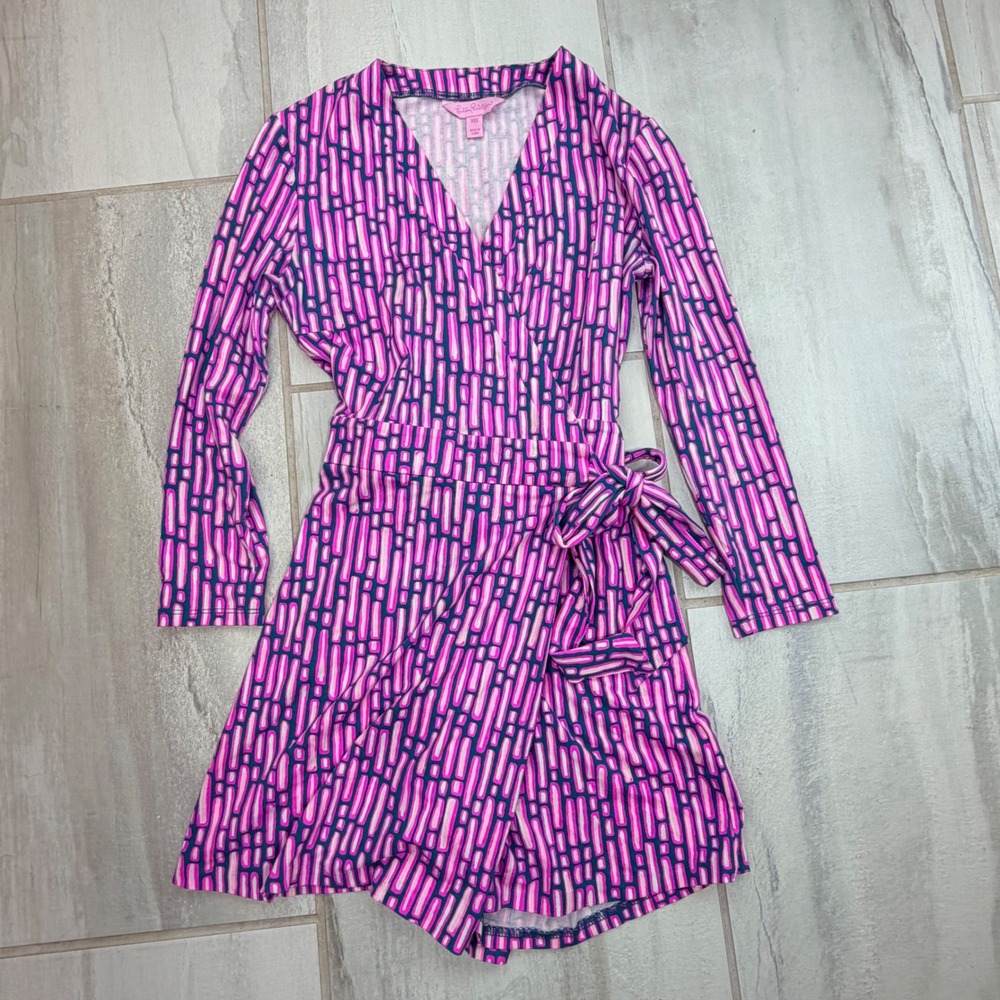 Lilly Pulitzer Pink Navy Blue Geometric Wrap Romper Long Sleeve XXS